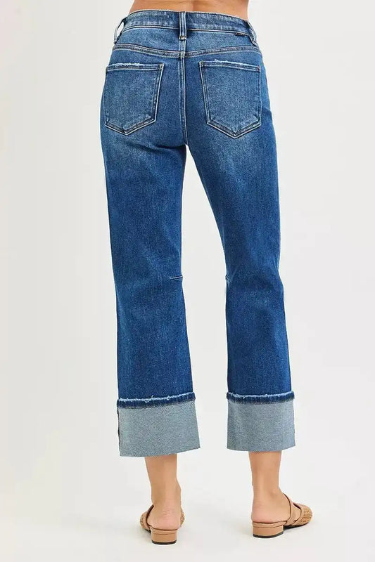 RISEN High Rise Straight Jeans with Distressed Hem - Sleekdenim.com