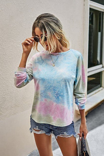 Round Neck Tie Dye Open Back Loose Sweatshirt - Sleekdenim.com
