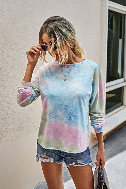 Round Neck Tie Dye Open Back Loose Sweatshirt - Sleekdenim.com