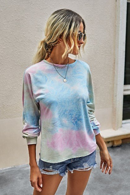 Round Neck Tie Dye Open Back Loose Sweatshirt - Sleekdenim.com