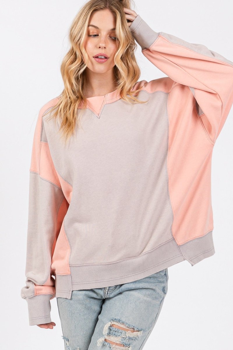 SAGE + FIG Color Block Round Neck Sweatshirt - Sleekdenim.com