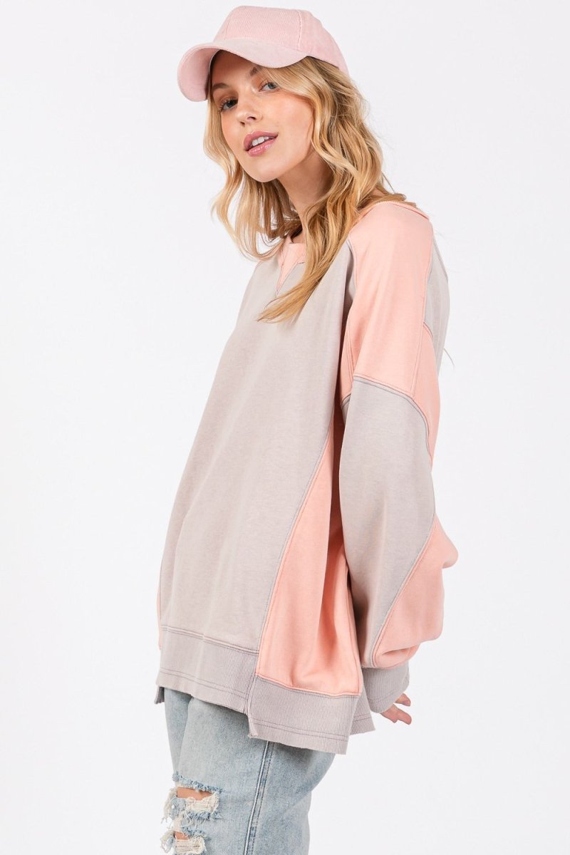 SAGE + FIG Color Block Round Neck Sweatshirt - Sleekdenim.com