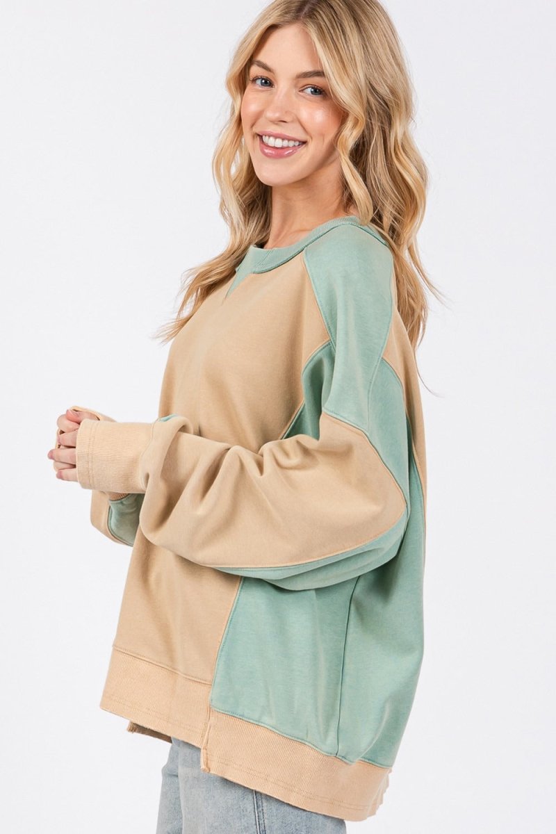 SAGE + FIG Color Block Round Neck Sweatshirt - Sleekdenim.com