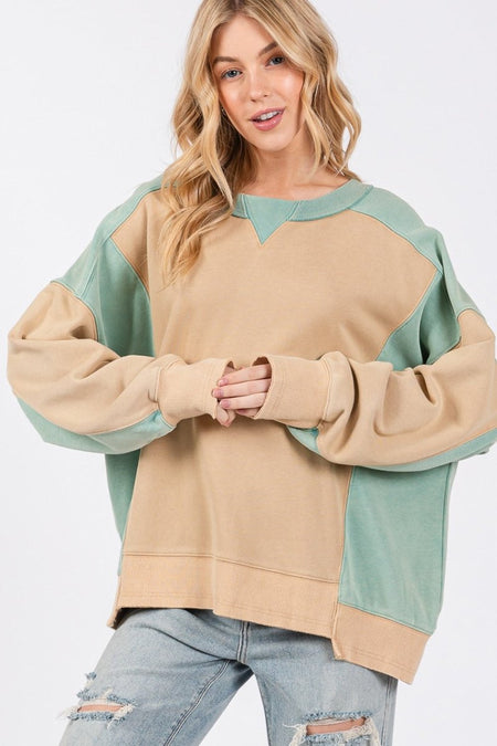 SAGE + FIG Color Block Round Neck Sweatshirt - Sleekdenim.com