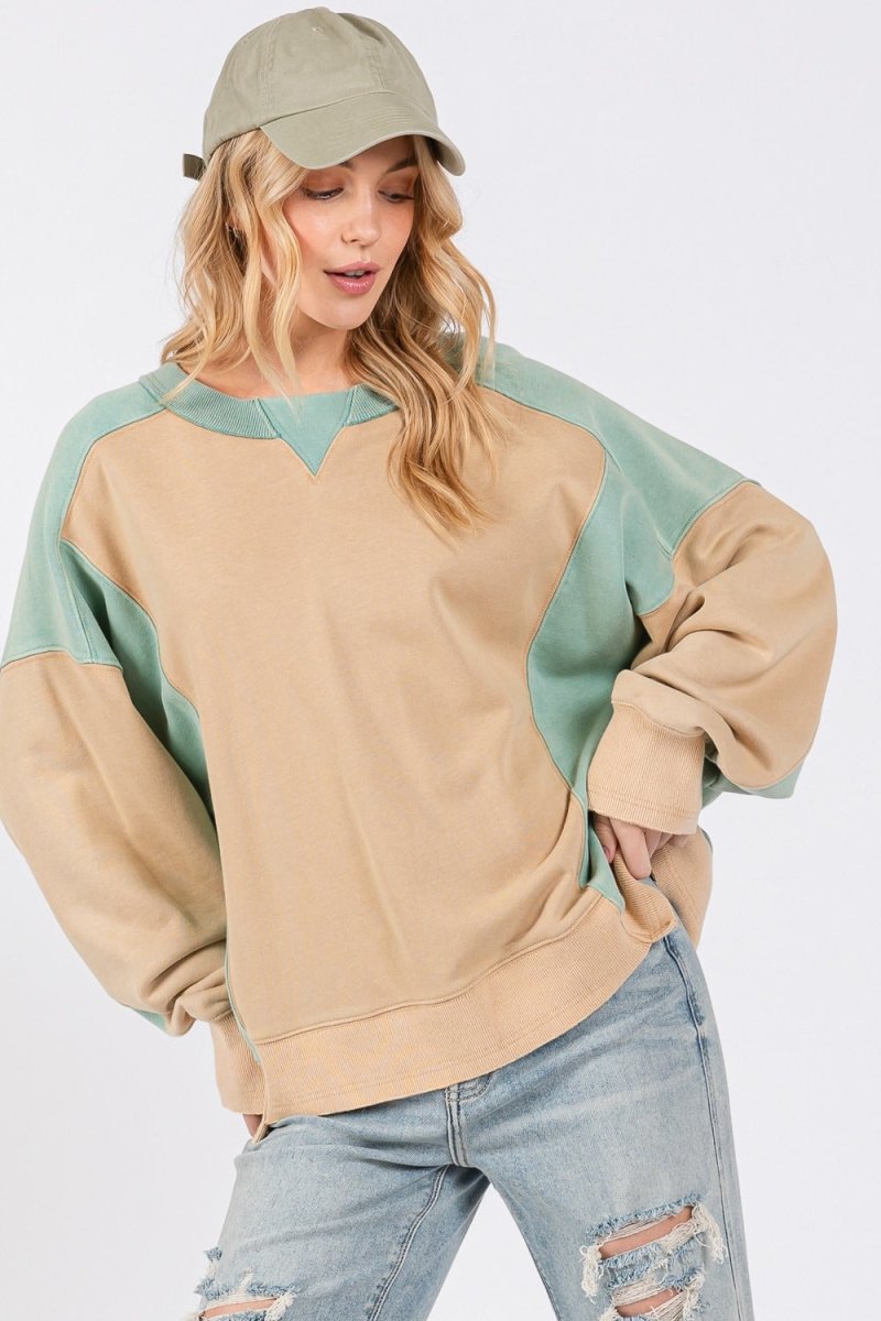 SAGE + FIG Color Block Round Neck Sweatshirt - Sleekdenim.com