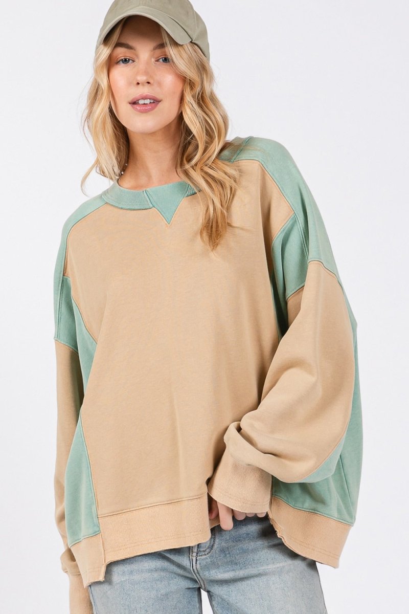 SAGE + FIG Color Block Round Neck Sweatshirt - Sleekdenim.com