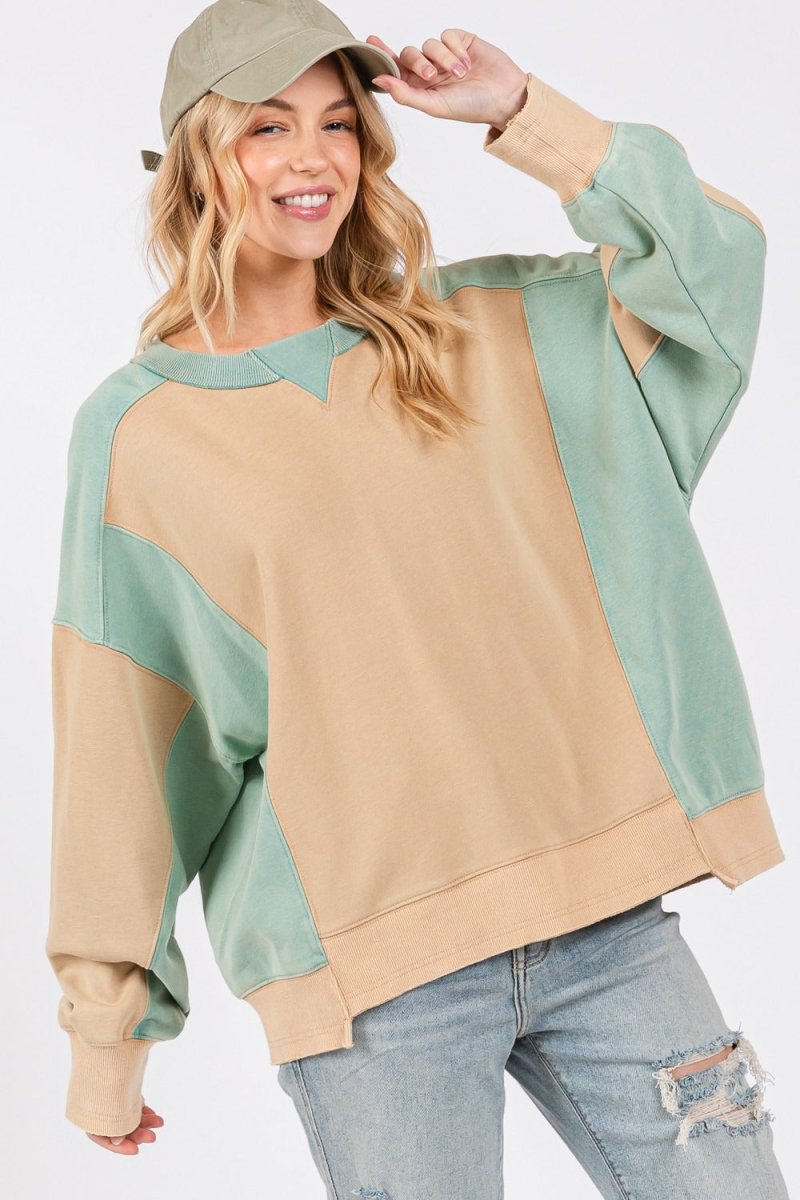 SAGE + FIG Color Block Round Neck Sweatshirt - Sleekdenim.com