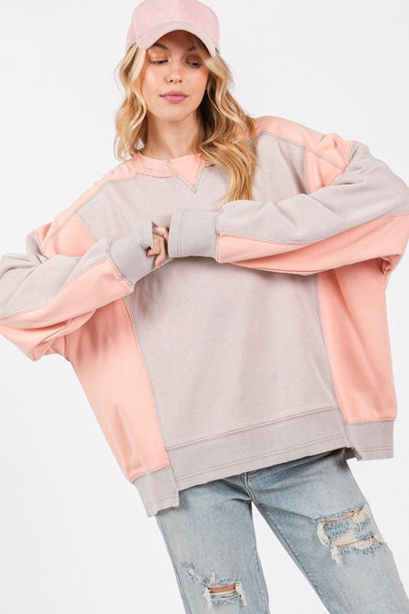 SAGE + FIG Color Block Round Neck Sweatshirt - Sleekdenim.com