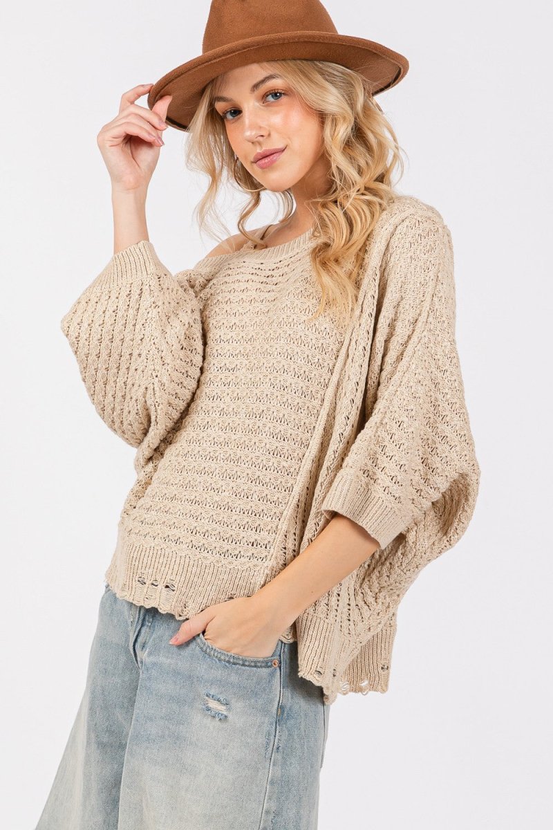 SAGE + FIG Distressed Asymmetrical Open Stitch Sweater - Sleekdenim.com