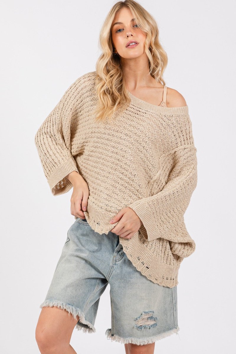 SAGE + FIG Distressed Asymmetrical Open Stitch Sweater - Sleekdenim.com