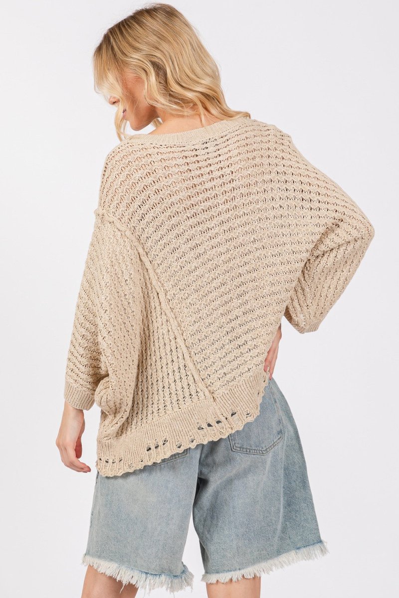 SAGE + FIG Distressed Asymmetrical Open Stitch Sweater - Sleekdenim.com