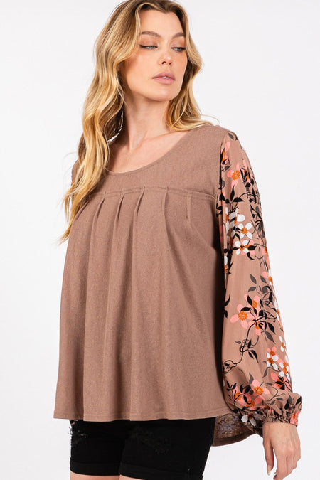 SAGE + FIG Floral Long Sleeve Front Pleated Detail Blouse - Sleekdenim.com