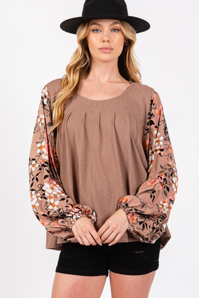 SAGE + FIG Floral Long Sleeve Front Pleated Detail Blouse - Sleekdenim.com