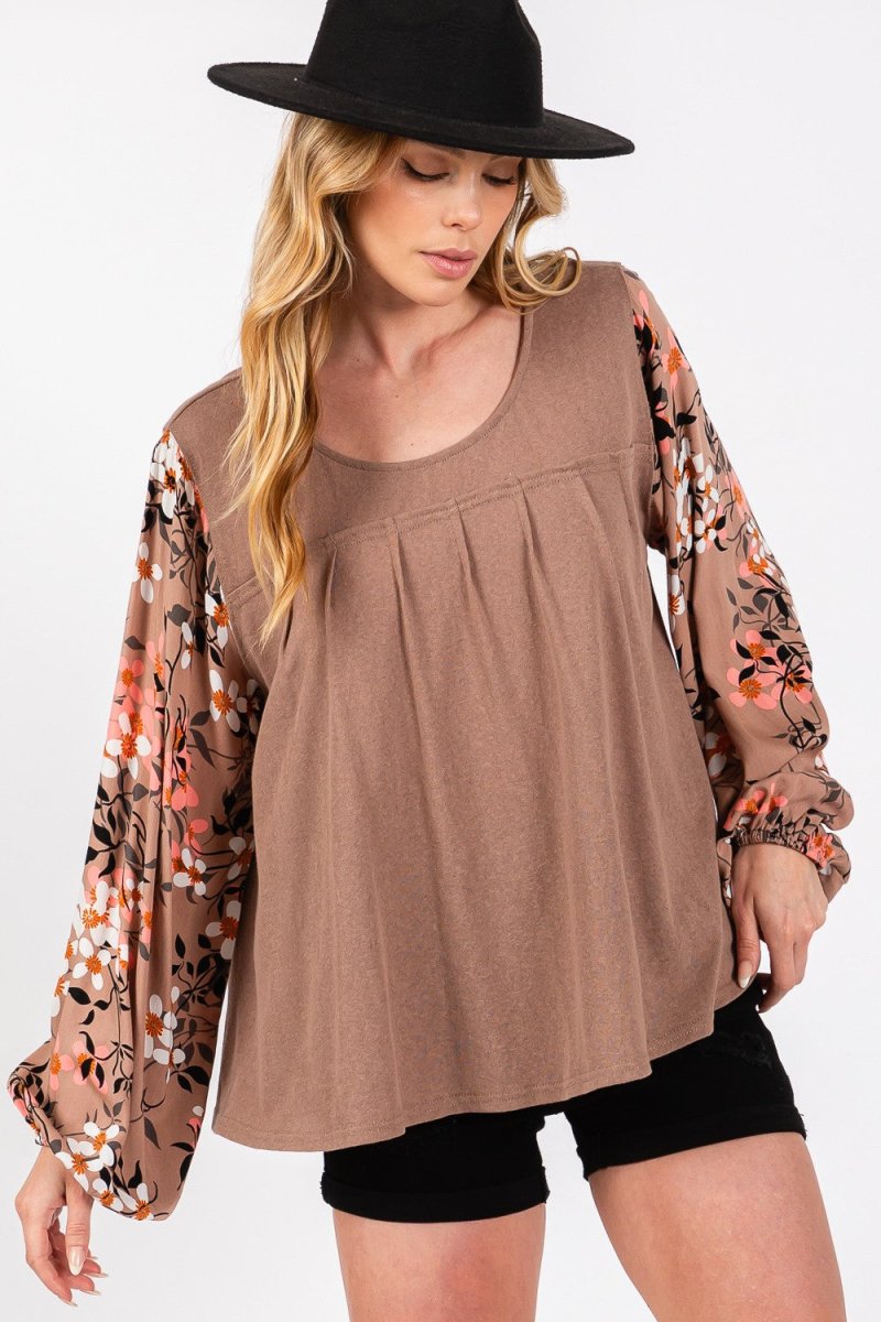 SAGE + FIG Floral Long Sleeve Front Pleated Detail Blouse - Sleekdenim.com