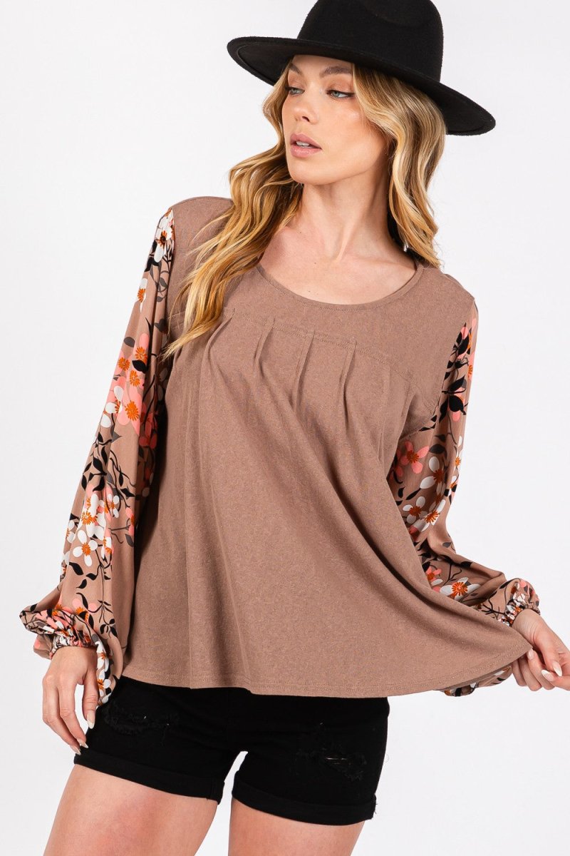 SAGE + FIG Floral Long Sleeve Front Pleated Detail Blouse - Sleekdenim.com