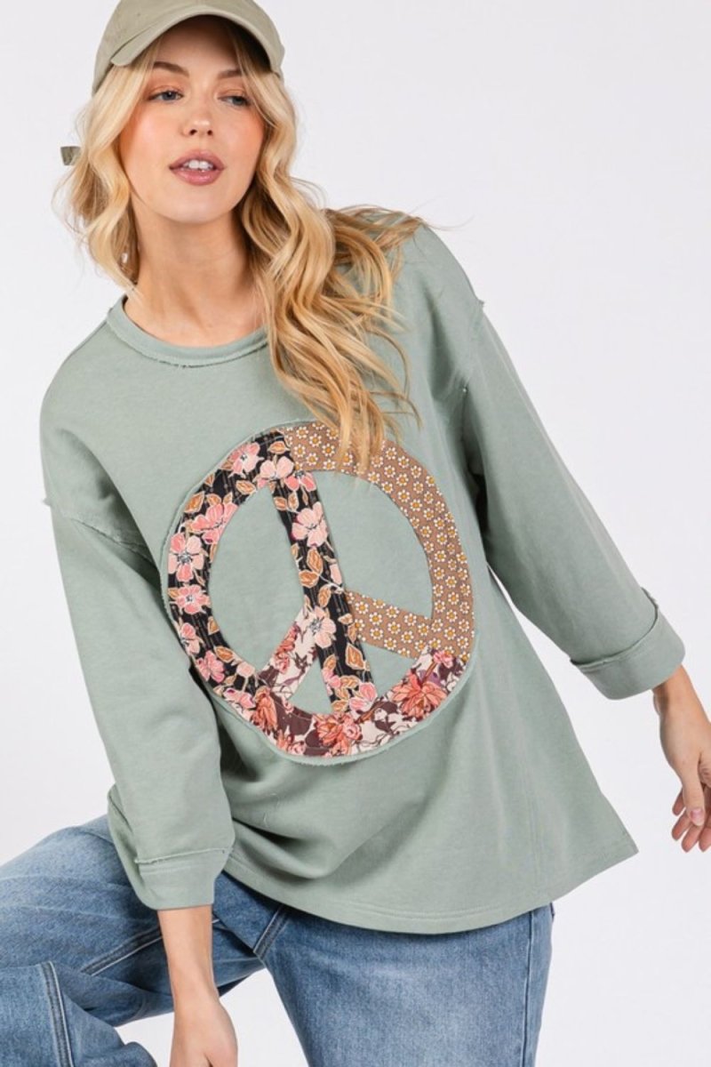 SAGE + FIG Floral Peace Patch Round Neck Top - Sleekdenim.com