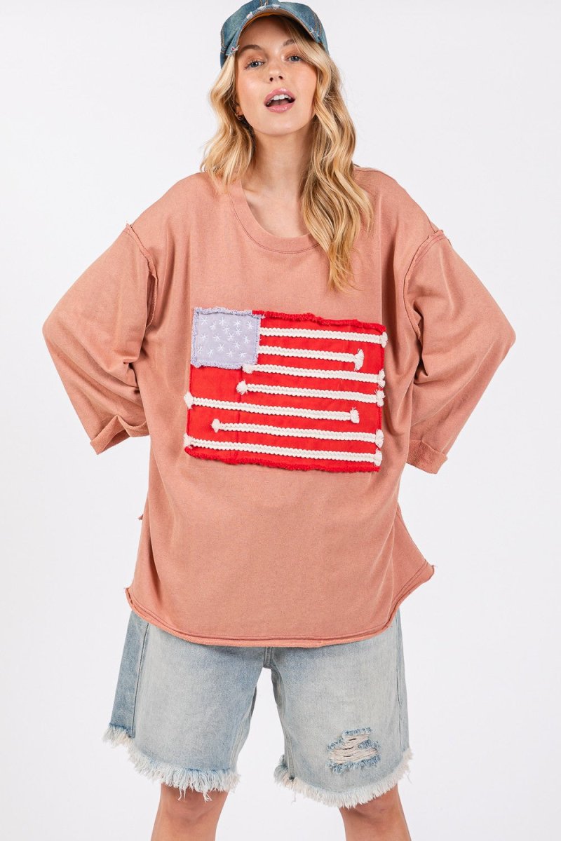 SAGE + FIG Full Size American Flag Patch Drop Shoulder T-Shirt - Sleekdenim.com