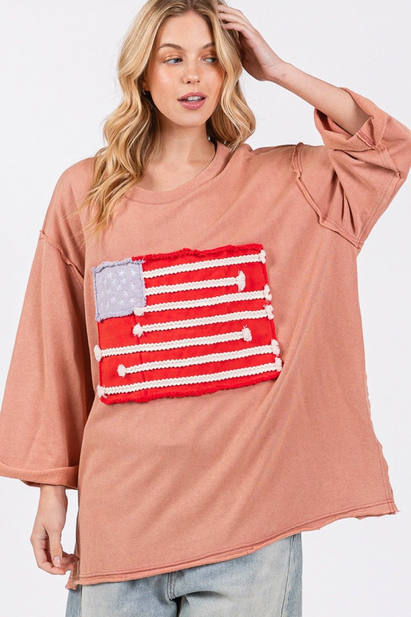 SAGE + FIG Full Size American Flag Patch Drop Shoulder T-Shirt - Sleekdenim.com