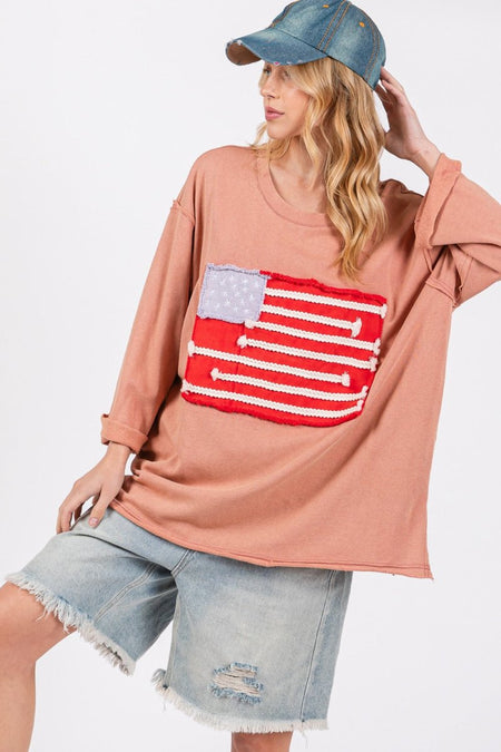 SAGE + FIG Full Size American Flag Patch Drop Shoulder T-Shirt - Sleekdenim.com