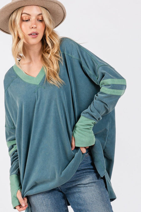 SAGE + FIG Mineral Wash Side Slit Contrast Top - Sleekdenim.com