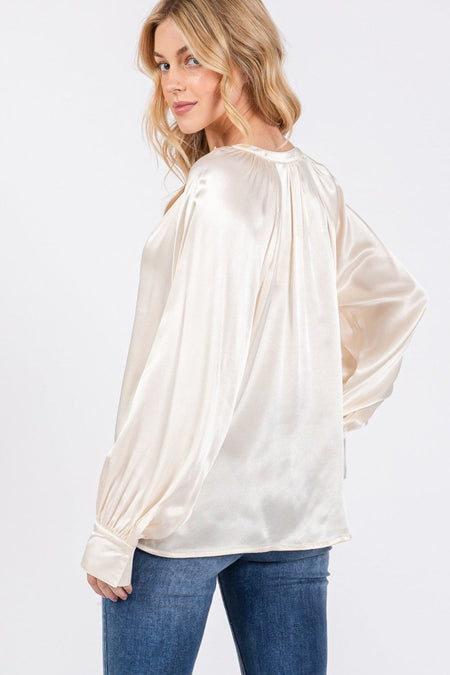 SAGE + FIG Notched Long Sleeve Blouse - Sleekdenim.com