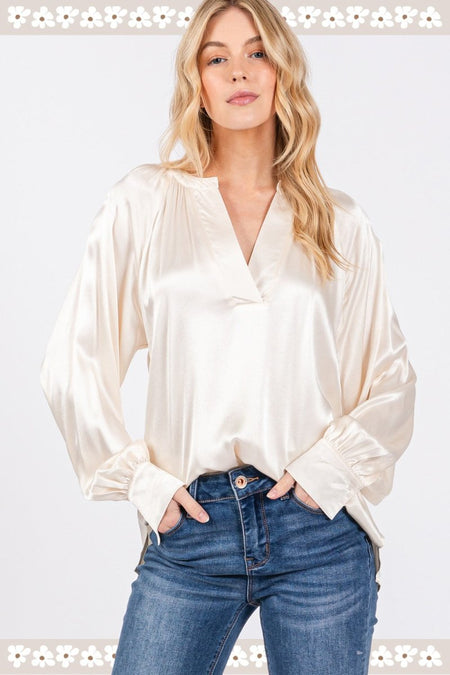 SAGE + FIG Notched Long Sleeve Blouse - Sleekdenim.com