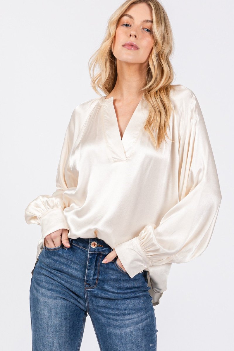 SAGE + FIG Notched Long Sleeve Blouse - Sleekdenim.com