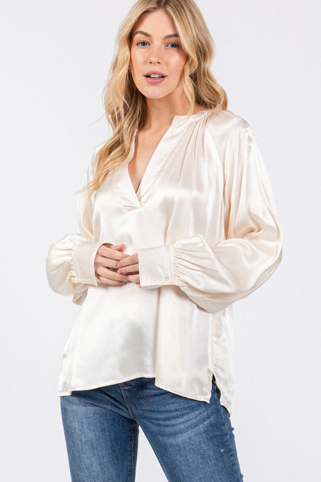 SAGE + FIG Notched Long Sleeve Blouse - Sleekdenim.com