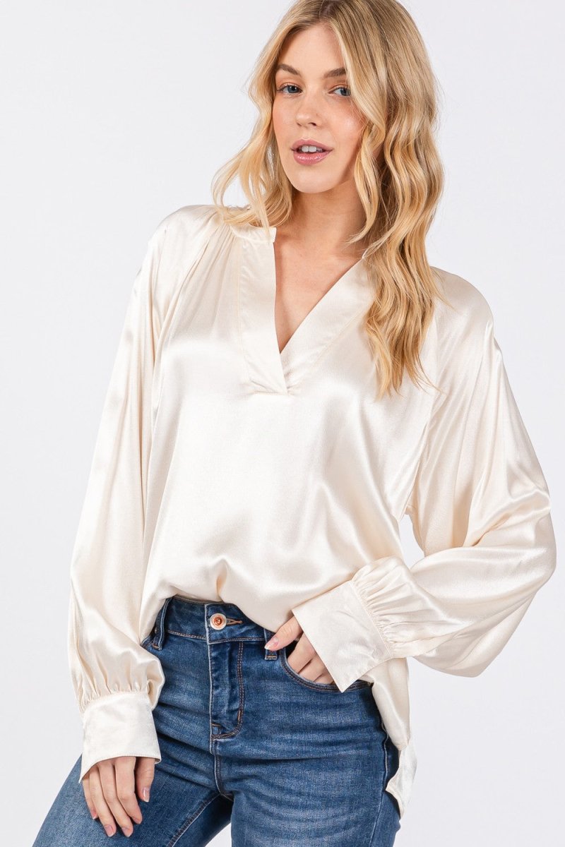 SAGE + FIG Notched Long Sleeve Blouse - Sleekdenim.com