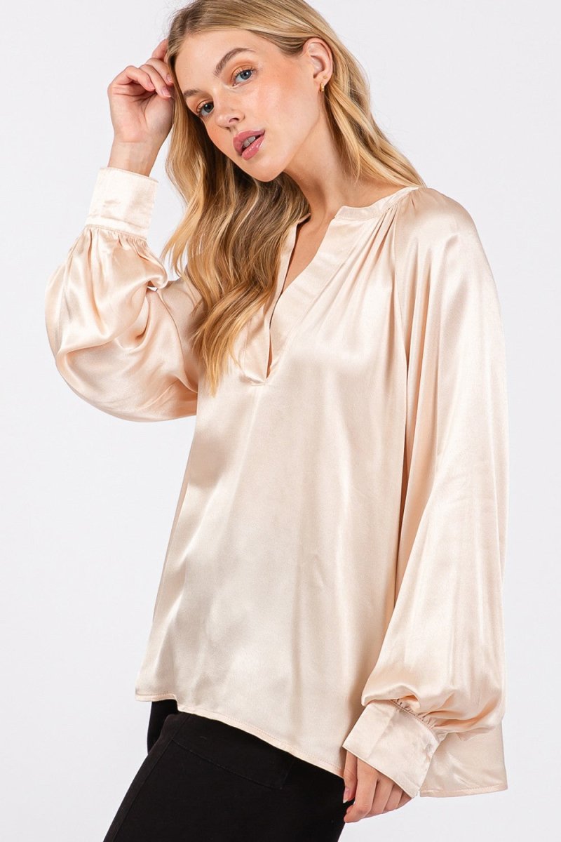 SAGE + FIG Notched Long Sleeve Blouse - Sleekdenim.com