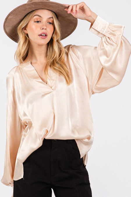 SAGE + FIG Notched Long Sleeve Blouse - Sleekdenim.com