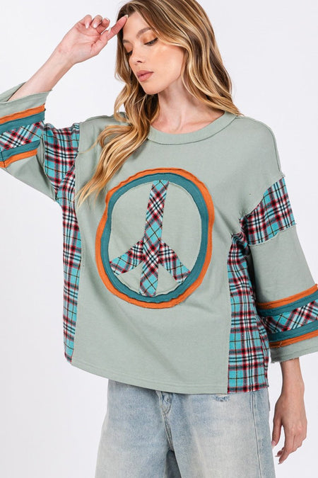 SAGE + FIG Peace Applique Patch Contrast Plaid Top - Sleekdenim.com