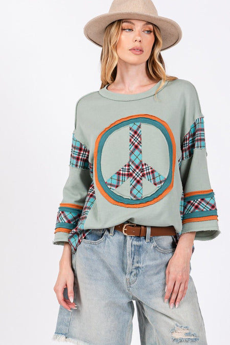 SAGE + FIG Peace Applique Patch Contrast Plaid Top - Sleekdenim.com