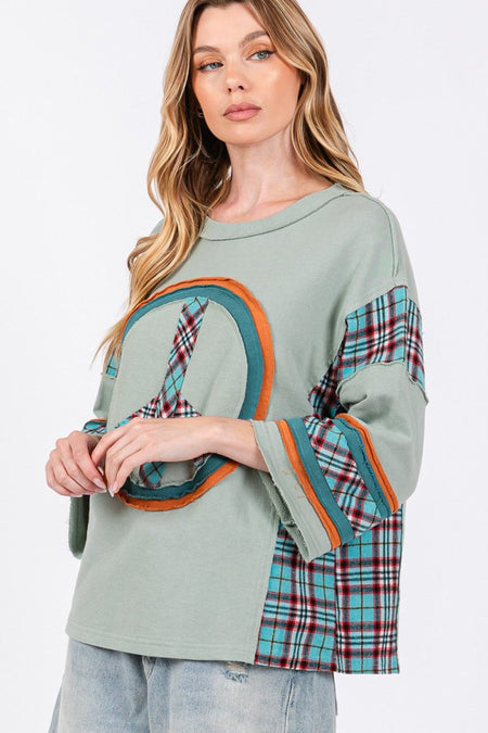 SAGE + FIG Peace Applique Patch Contrast Plaid Top - Sleekdenim.com