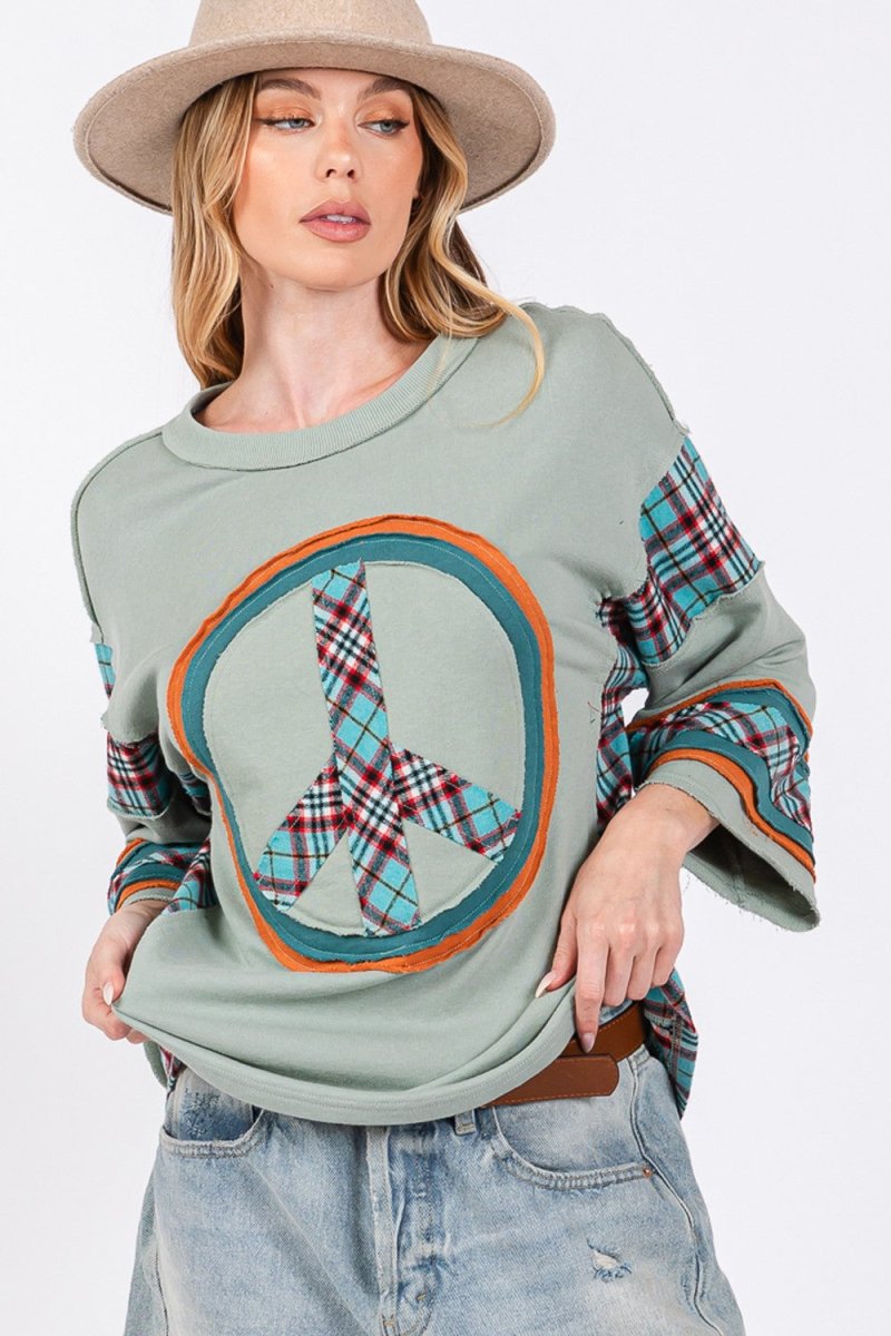 SAGE + FIG Peace Applique Patch Contrast Plaid Top - Sleekdenim.com