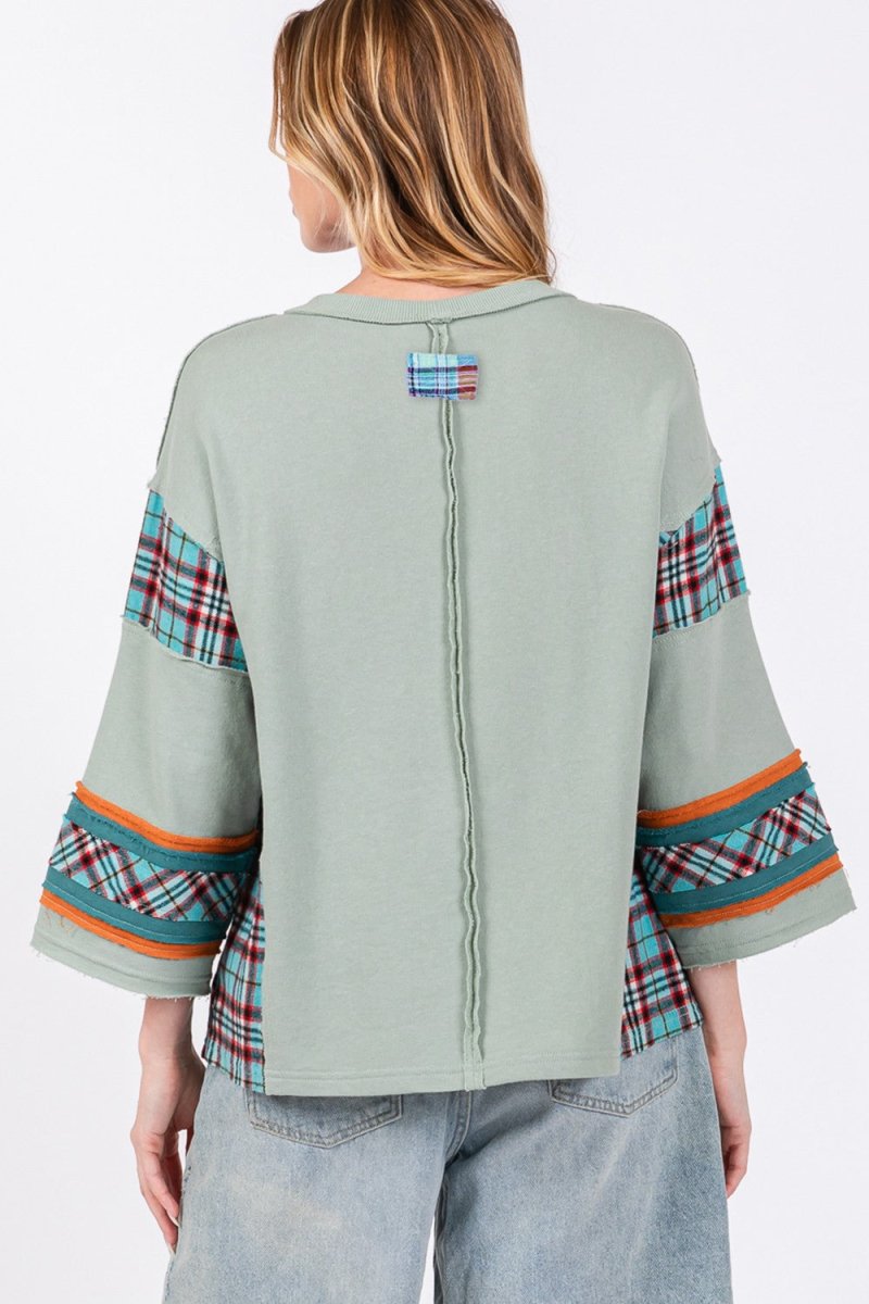 SAGE + FIG Peace Applique Patch Contrast Plaid Top - Sleekdenim.com