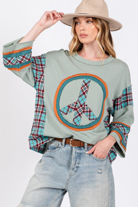 SAGE + FIG Peace Applique Patch Contrast Plaid Top - Sleekdenim.com