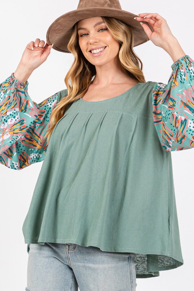 SAGE + FIG Ruched Round Neck Printed Bubble Sleeve Top - Sleekdenim.com