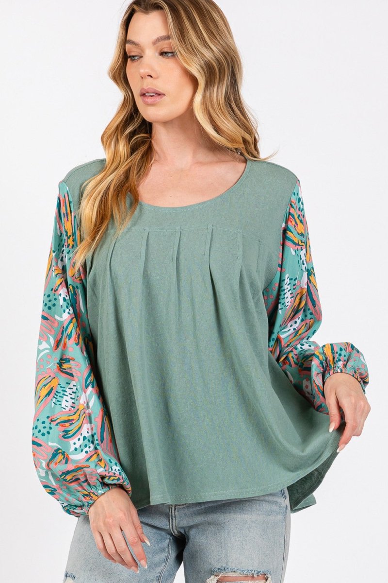 SAGE + FIG Ruched Round Neck Printed Bubble Sleeve Top - Sleekdenim.com