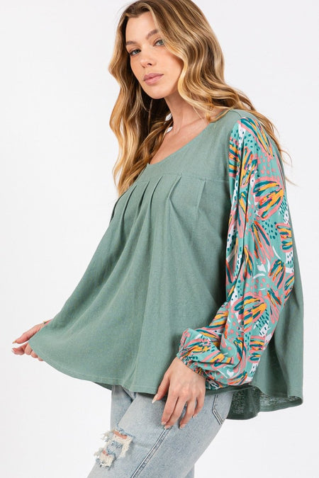 SAGE + FIG Ruched Round Neck Printed Bubble Sleeve Top - Sleekdenim.com