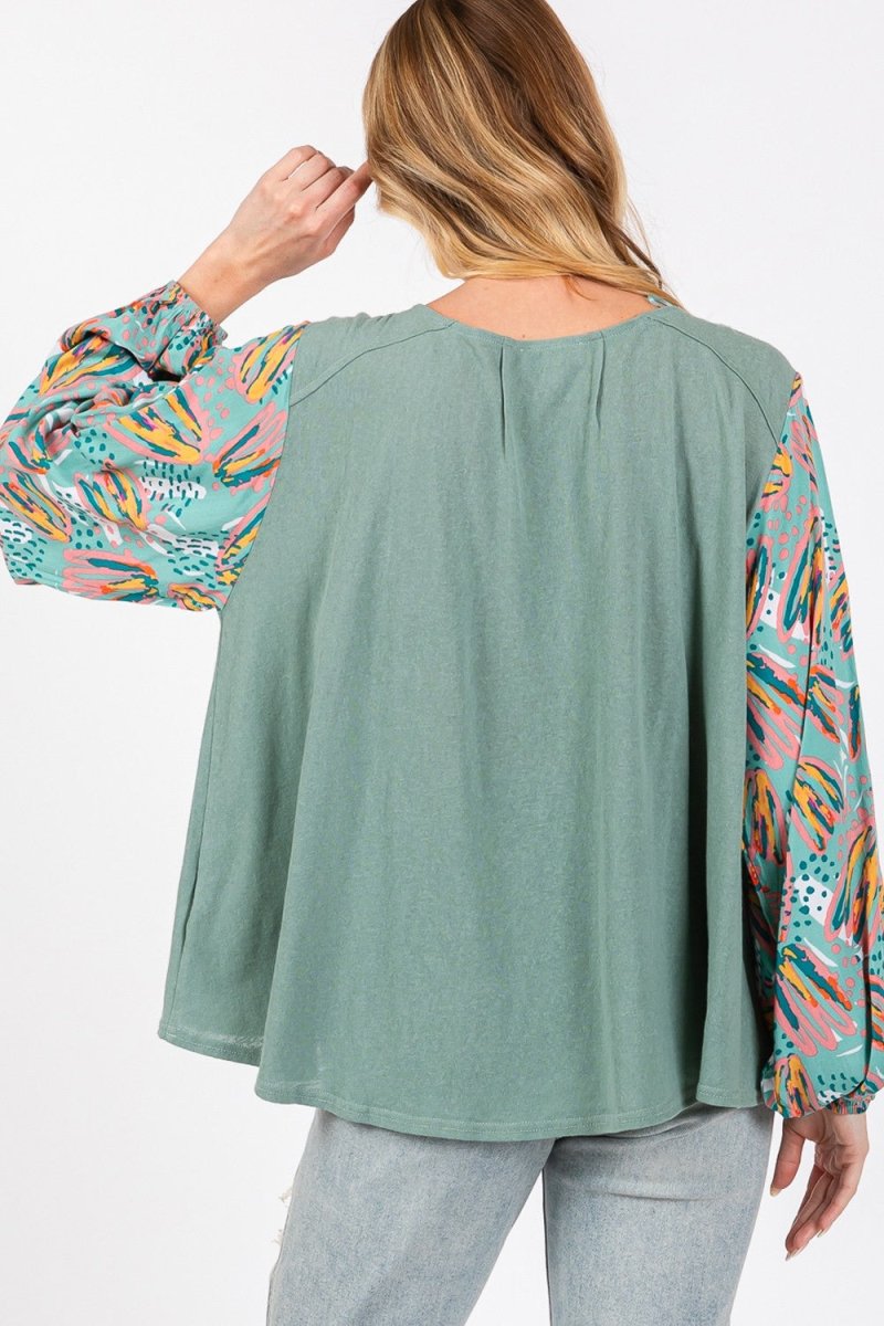 SAGE + FIG Ruched Round Neck Printed Bubble Sleeve Top - Sleekdenim.com