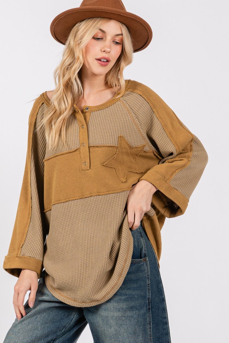 SAGE + FIG Star Applique Patch Exposed Seam Waffle Knit Top - Sleekdenim.com