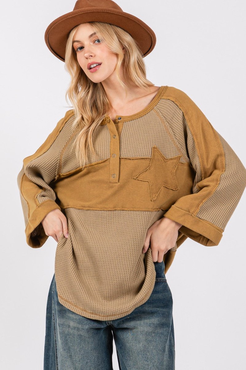 SAGE + FIG Star Applique Patch Exposed Seam Waffle Knit Top - Sleekdenim.com