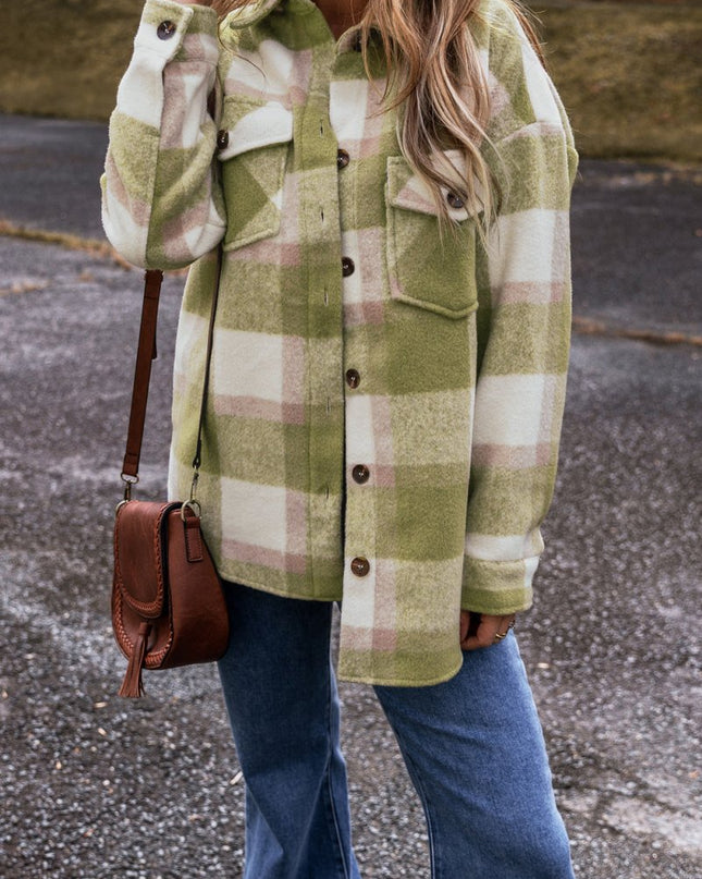 Sage Green Plaid Print Buttoned Flap Pockets Baggy Shacket - Sleekdenim.com