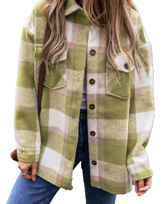 Sage Green Plaid Print Buttoned Flap Pockets Baggy Shacket - Sleekdenim.com