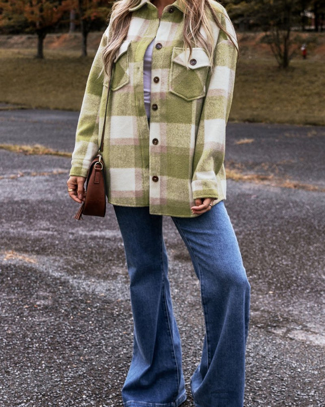 Sage Green Plaid Print Buttoned Flap Pockets Baggy Shacket - Sleekdenim.com