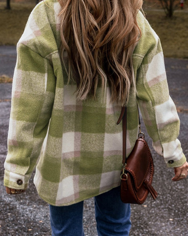 Sage Green Plaid Print Buttoned Flap Pockets Baggy Shacket - Sleekdenim.com