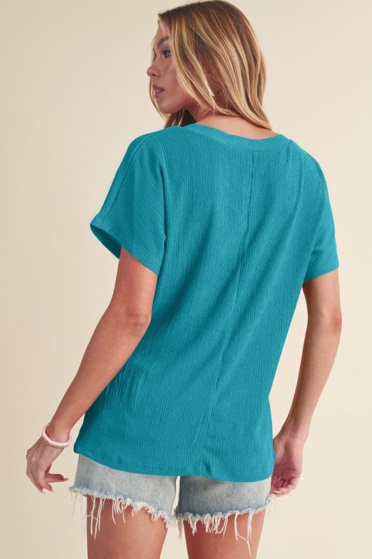 Sapphire Crinkled V Neck Wide Sleeve T-shirt - Sleekdenim.com