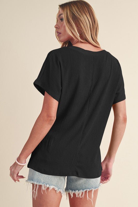 Sapphire Crinkled V Neck Wide Sleeve T-shirt - Sleekdenim.com