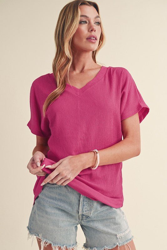 Sapphire Crinkled V Neck Wide Sleeve T-shirt - Sleekdenim.com